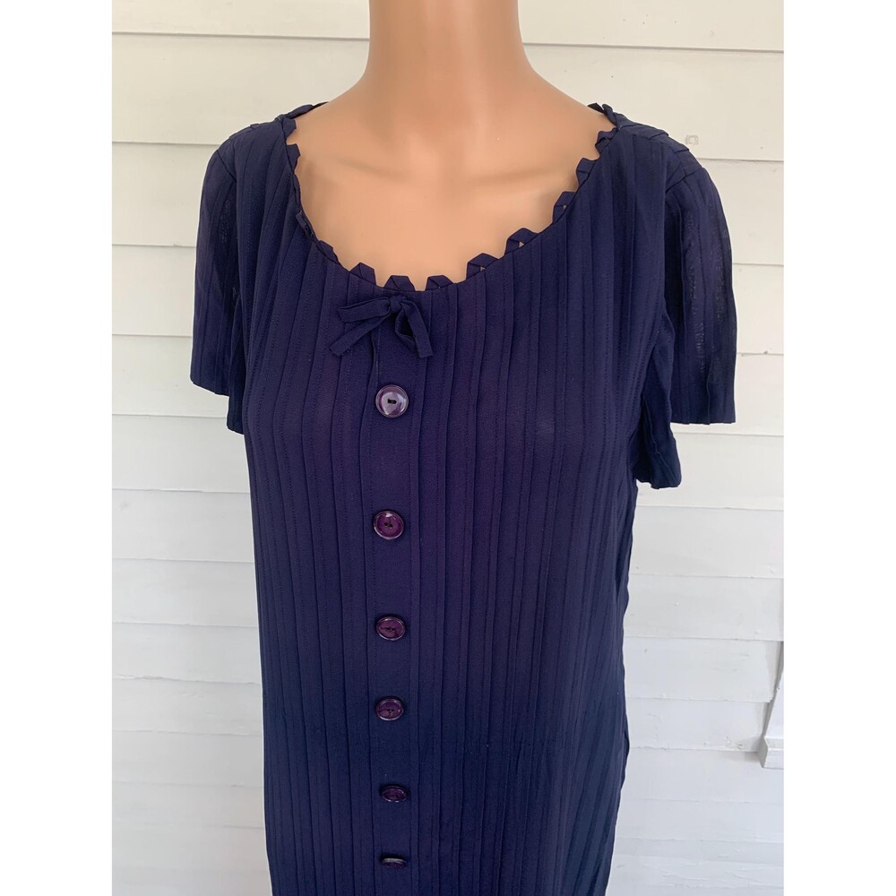 Vintage Dark Blue Pintuck Dress Button Back Short Sleeve Long Fourell L